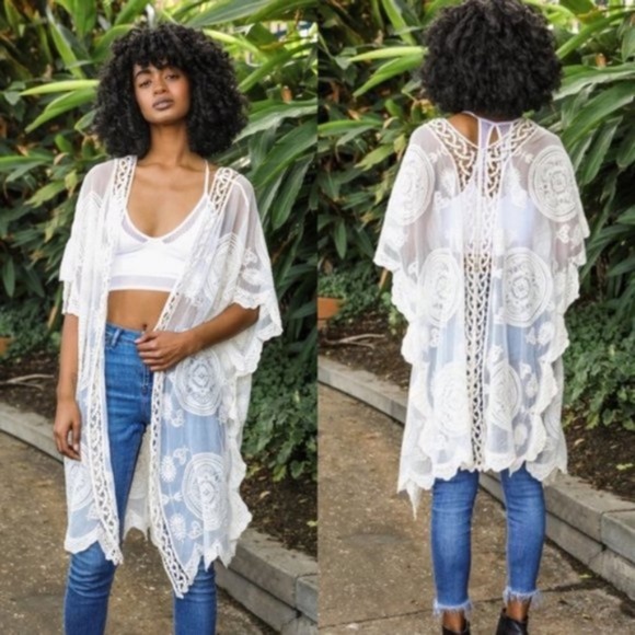 Sweaters - boho chic gypsy Crochet Mandala Kimono - Ivory